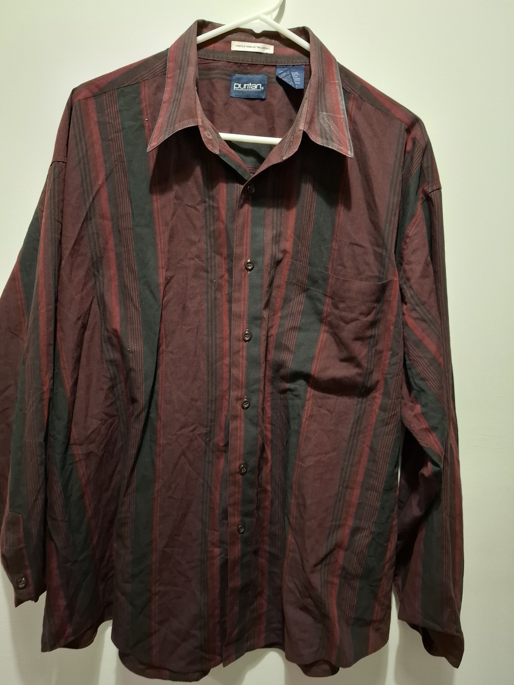 Puritan Men's Burgundy and Black Vertical Stripe Dress Shirt